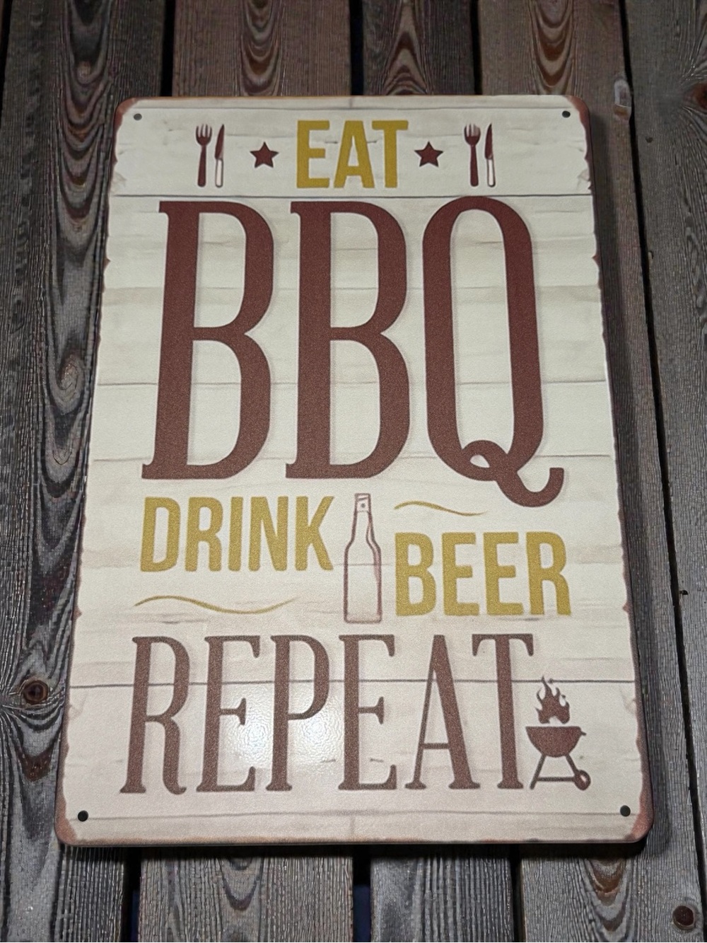 Eat BBQ Drink Beer Repeat Metal Wall Sign - Cream and Brown 8”x12”